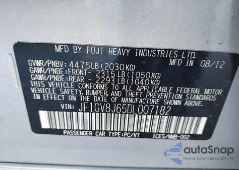 2013 Subaru Impreza Wrx Sti Limited z USA, uszkodzony, nr VIN JF1GV8J65DL007182